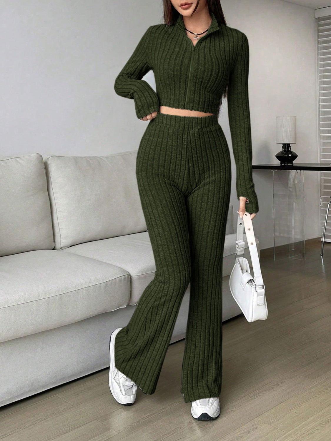 Honey Zip Up Long Sleeve Top and Pants Set - Clothes For Her Online Store