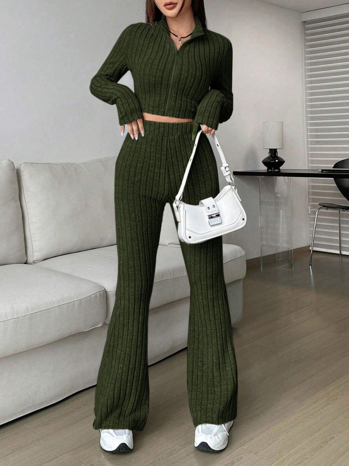 Honey Zip Up Long Sleeve Top and Pants Set - Clothes For Her Online Store