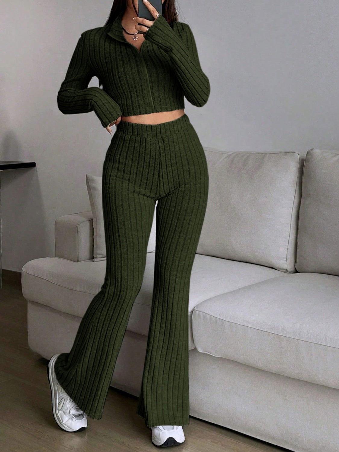 Honey Zip Up Long Sleeve Top and Pants Set - Clothes For Her Online Store
