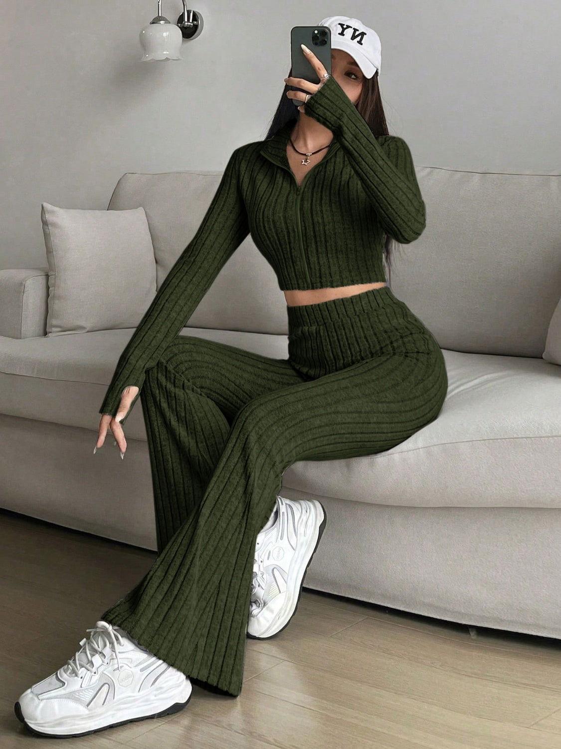 Honey Zip Up Long Sleeve Top and Pants Set - Clothes For Her Online Store