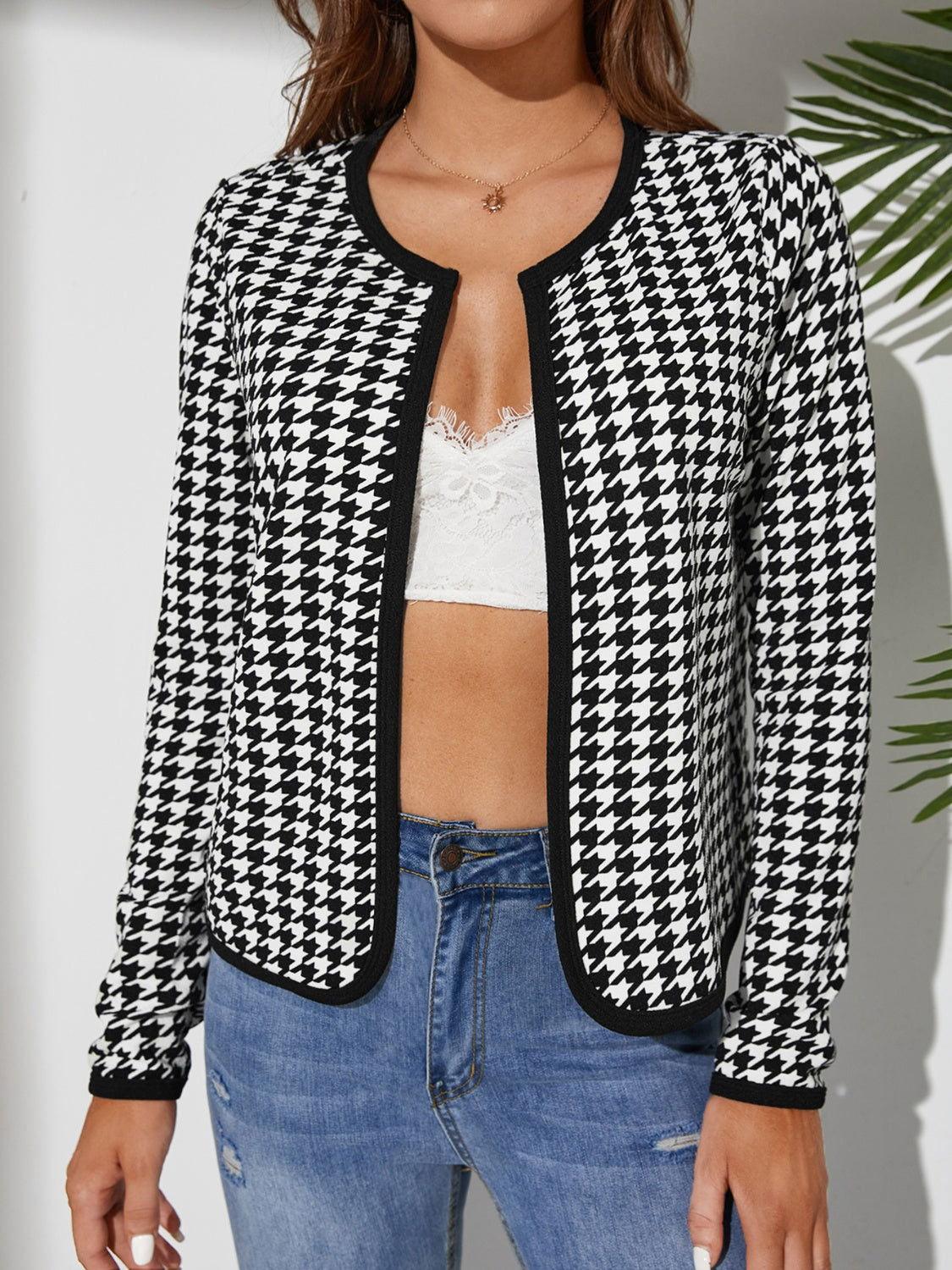 Houndstooth Open Front Long Sleeve Jacket - Clothes For Her Online Store