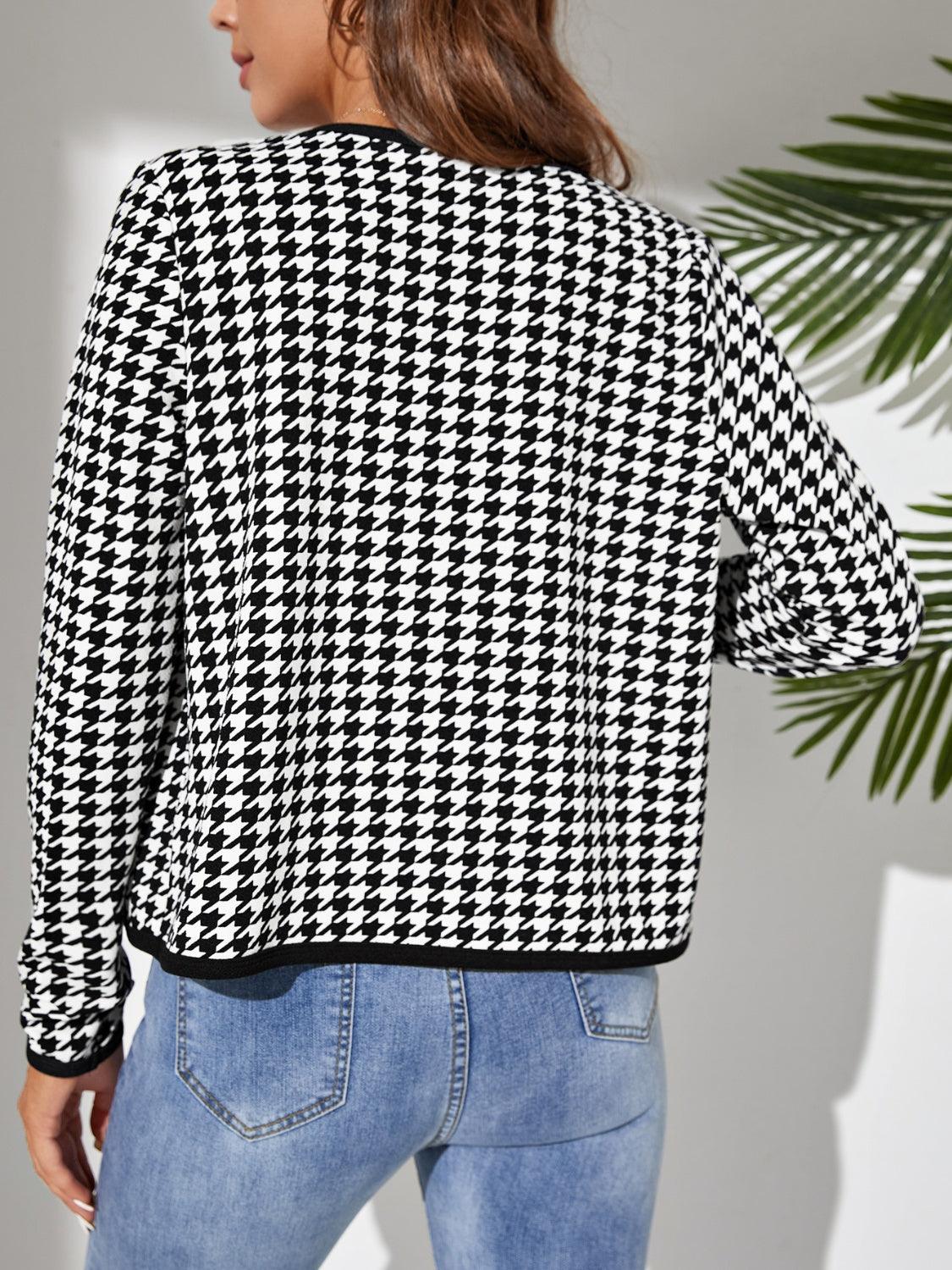Houndstooth Open Front Long Sleeve Jacket - Clothes For Her Online Store