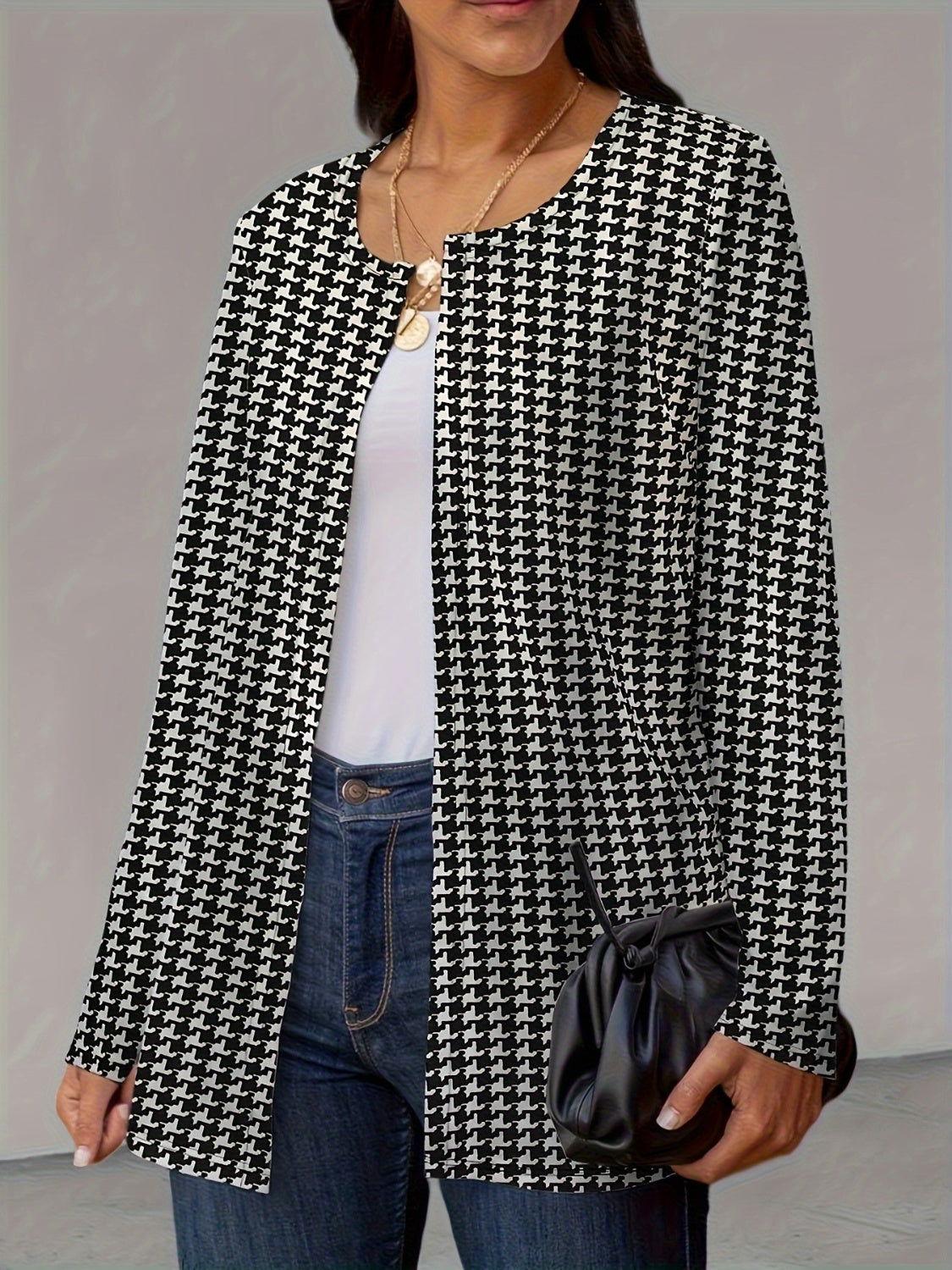 Houndstooth Open Front Long Sleeve Jacket - Clothes For Her Online Store