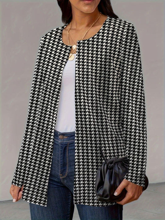 Houndstooth Open Front Long Sleeve Jacket - Clothes For Her Online Store