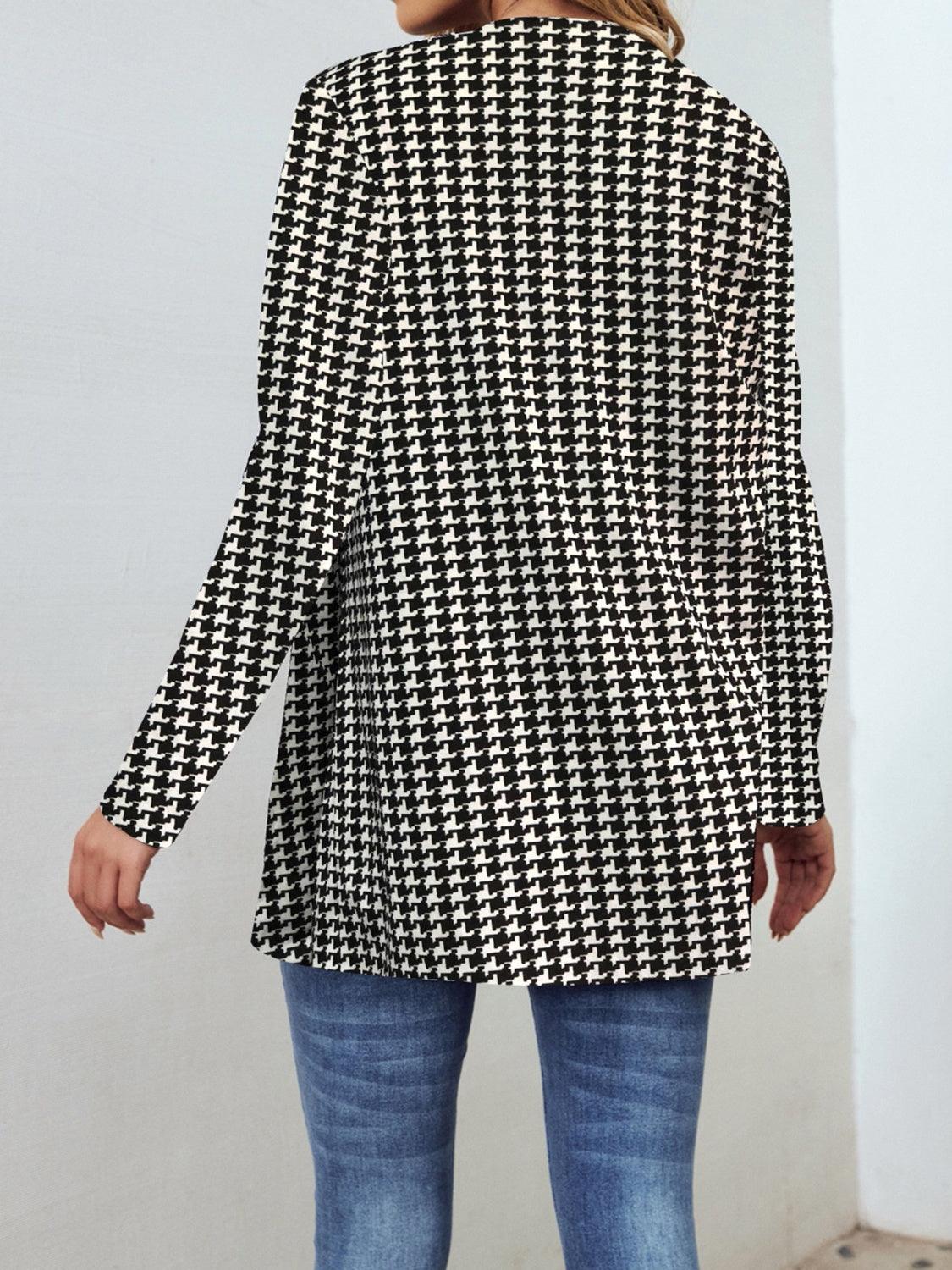 Houndstooth Open Front Long Sleeve Jacket - Clothes For Her Online Store