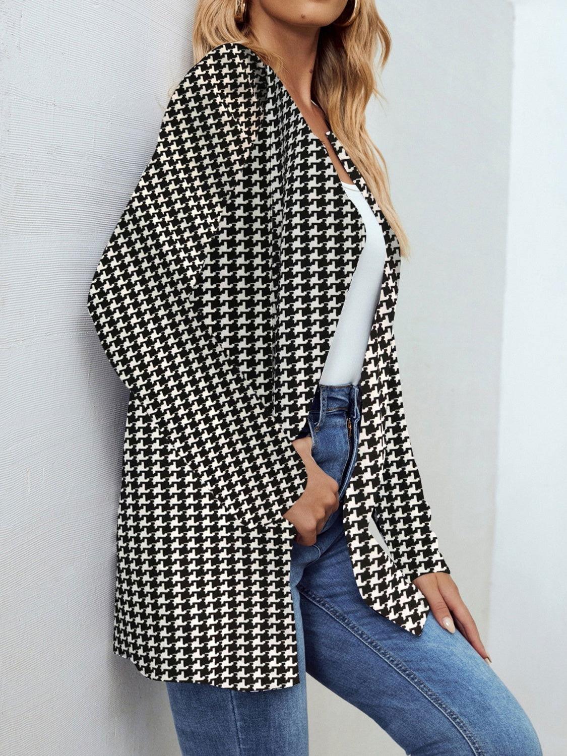 Houndstooth Open Front Long Sleeve Jacket - Clothes For Her Online Store