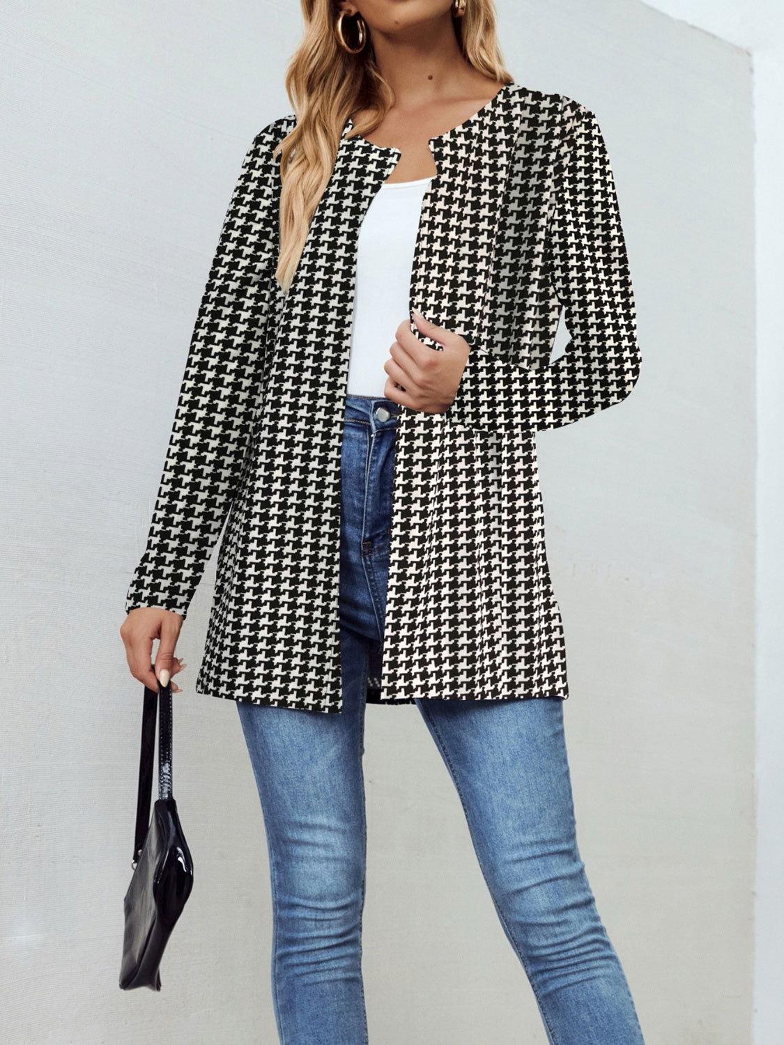 Houndstooth Open Front Long Sleeve Jacket - Clothes For Her Online Store