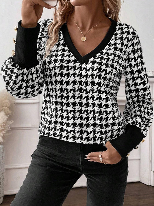 Houndstooth V-Neck Long Sleeve T-Shirt - Clothes For Her Online Store