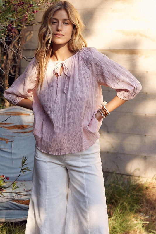 In February Textured Tie Neck Blouse - Clothes For Her Online Store