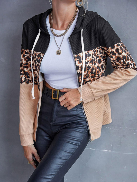 Ivy Lane Drawstring Leopard Zip Up Hooded Jacket - Clothes For Her Online Store