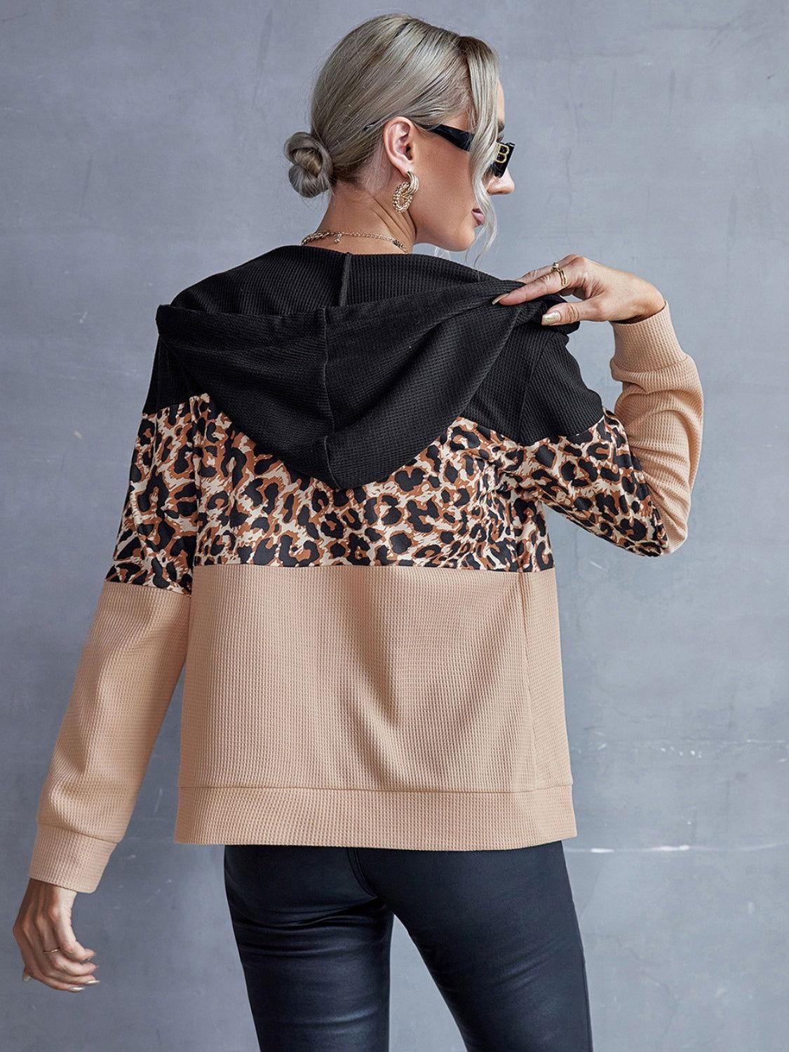 Ivy Lane Drawstring Leopard Zip Up Hooded Jacket - Clothes For Her Online Store