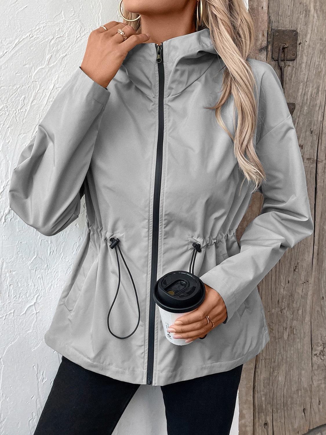 Ivy Lane Drawstring Zip Up Hooded Jacket - Clothes For Her Online Store