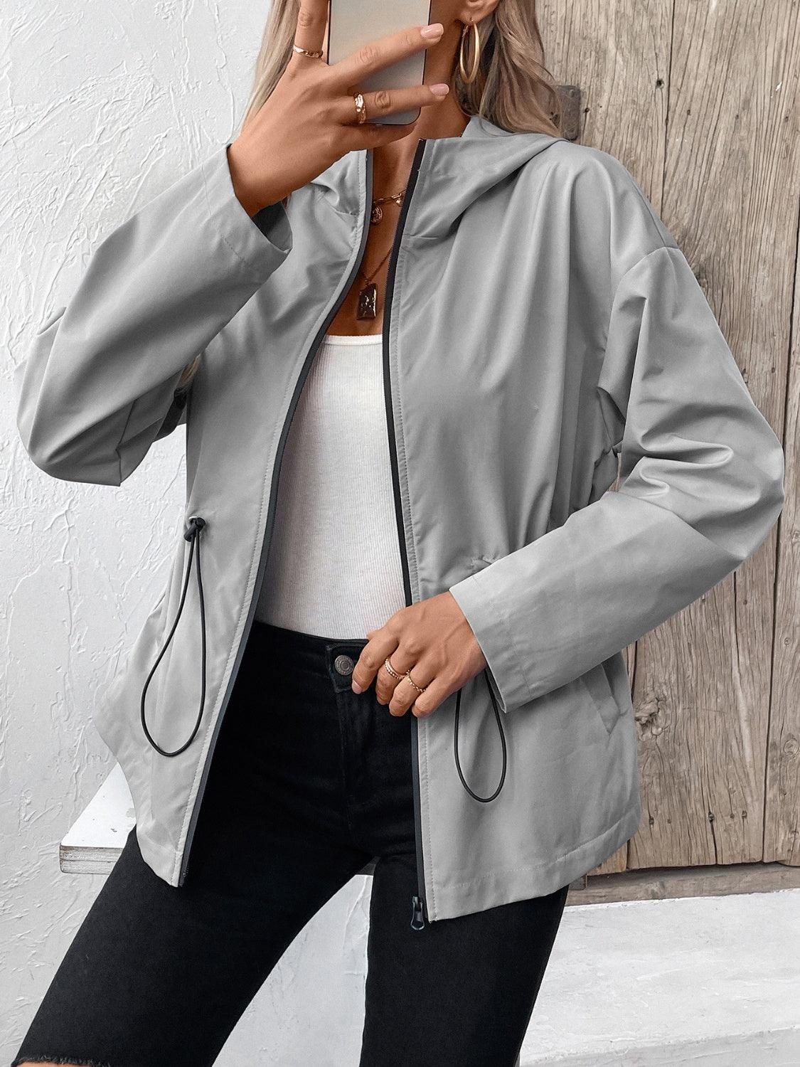 Ivy Lane Drawstring Zip Up Hooded Jacket - Clothes For Her Online Store