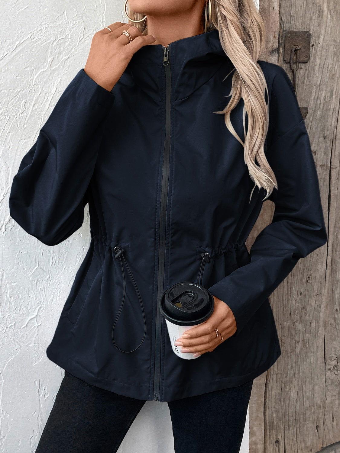 Ivy Lane Drawstring Zip Up Hooded Jacket - Clothes For Her Online Store
