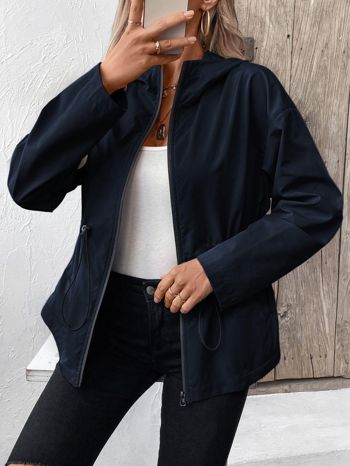 Ivy Lane Drawstring Zip Up Hooded Jacket - Clothes For Her Online Store