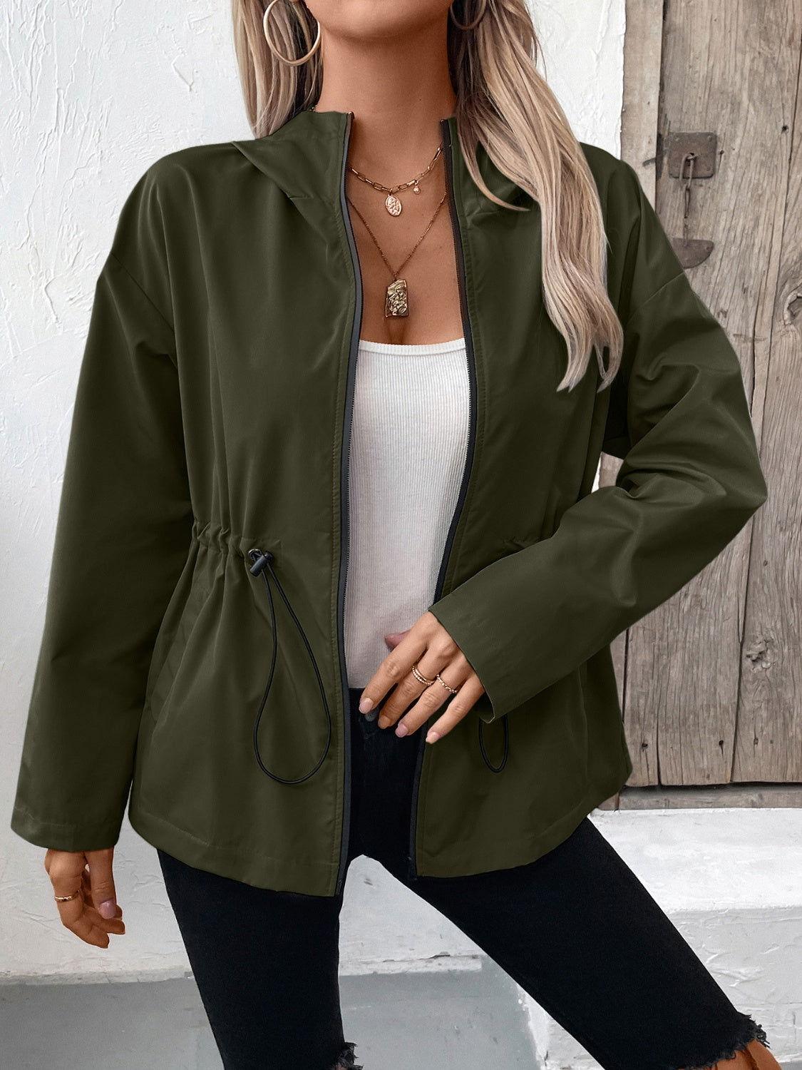 Ivy Lane Drawstring Zip Up Hooded Jacket - Clothes For Her Online Store