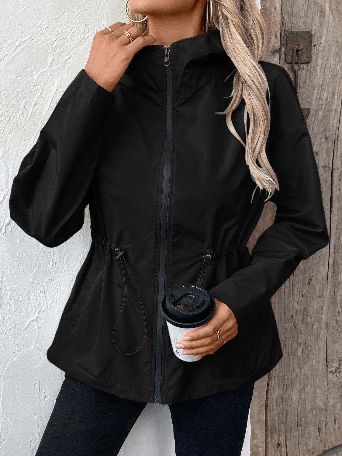Ivy Lane Drawstring Zip Up Hooded Jacket - Clothes For Her Online Store