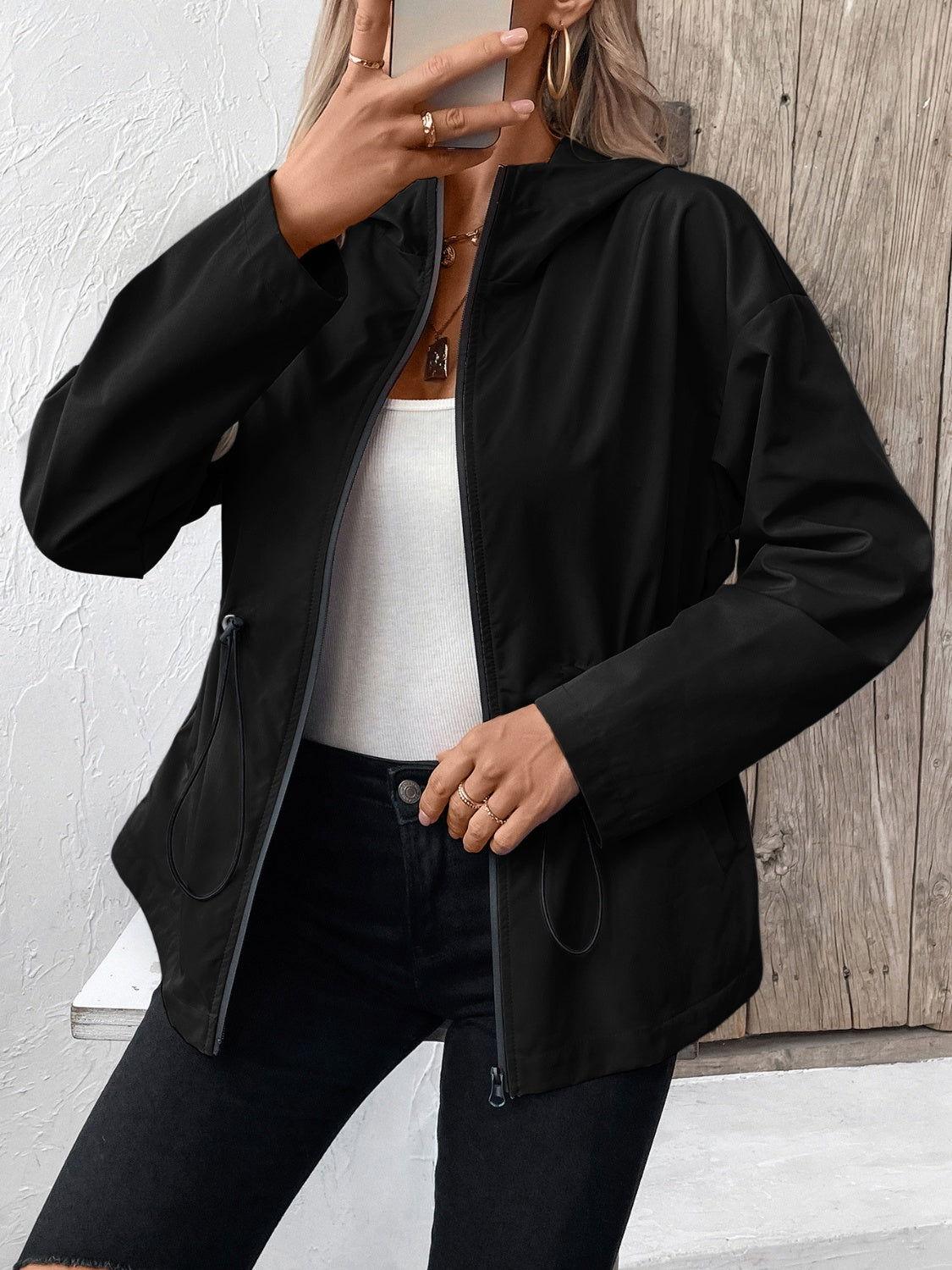 Ivy Lane Drawstring Zip Up Hooded Jacket - Clothes For Her Online Store