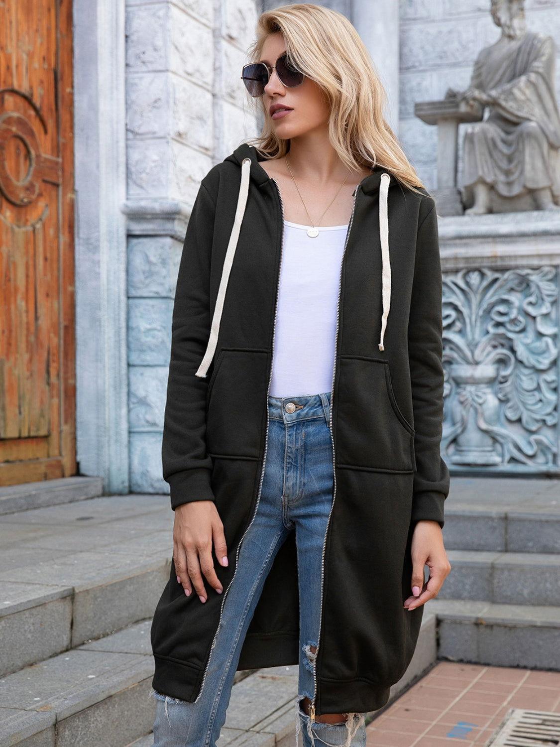 Ivy Lane Full Size Zip-Up Longline Hoodie with Pockets - Clothes For Her Online Store