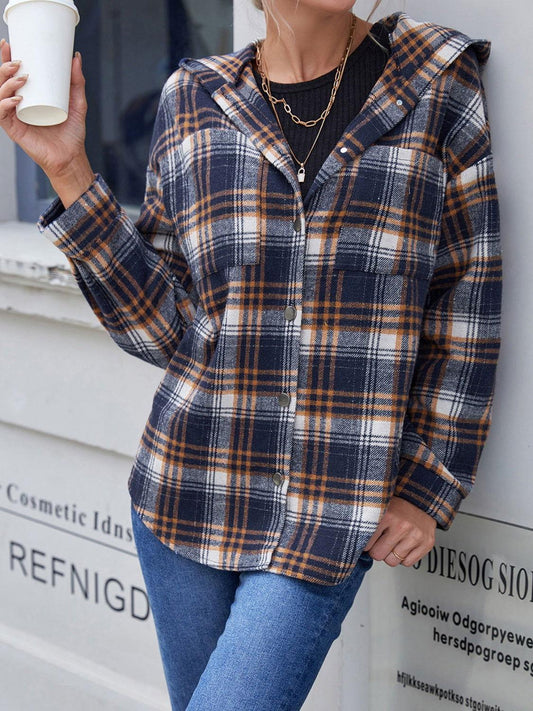 Ivy Lane Plaid Button Up Long Sleeve Hooded Jacket - Clothes For Her Online Store