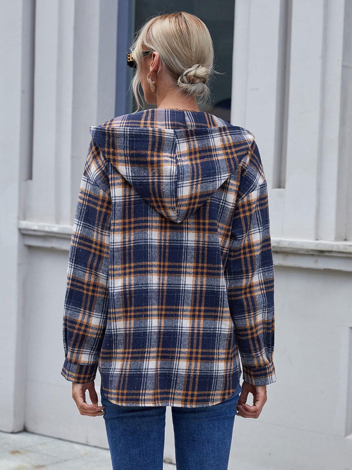 Ivy Lane Plaid Button Up Long Sleeve Hooded Jacket - Clothes For Her Online Store