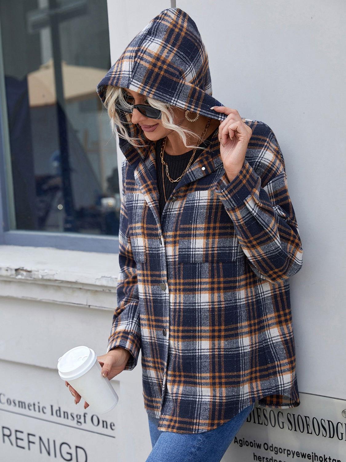Ivy Lane Plaid Button Up Long Sleeve Hooded Jacket - Clothes For Her Online Store
