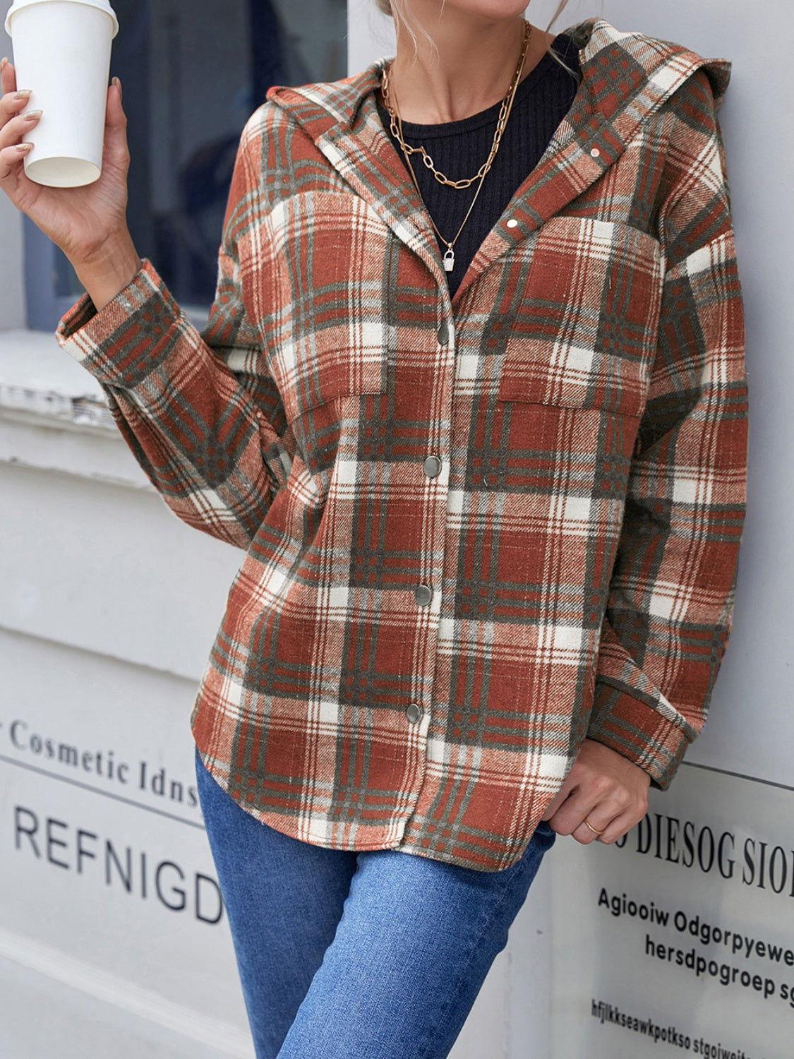Ivy Lane Plaid Button Up Long Sleeve Hooded Jacket - Clothes For Her Online Store