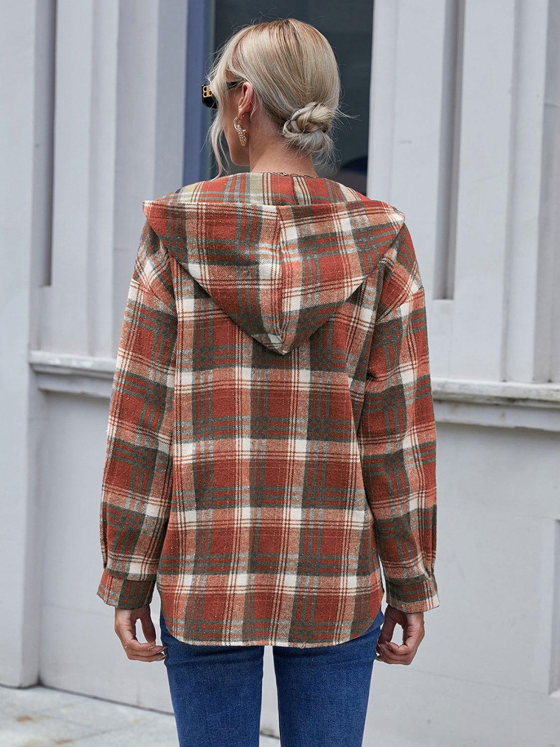 Ivy Lane Plaid Button Up Long Sleeve Hooded Jacket - Clothes For Her Online Store