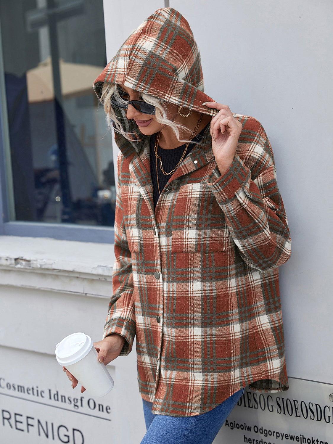 Ivy Lane Plaid Button Up Long Sleeve Hooded Jacket - Clothes For Her Online Store