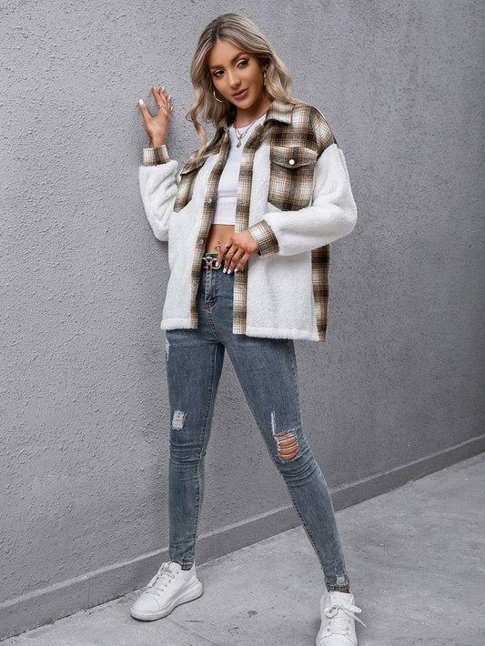 Ivy Lane Plaid Collared Neck Button Down Jacket - Clothes For Her Online Store