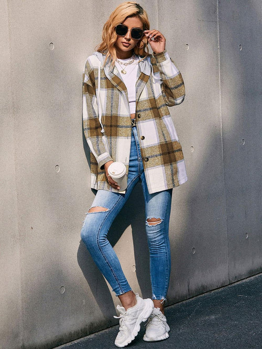 Ivy Lane Plaid Dropped Shoulder Hooded Jacket - Clothes For Her Online Store