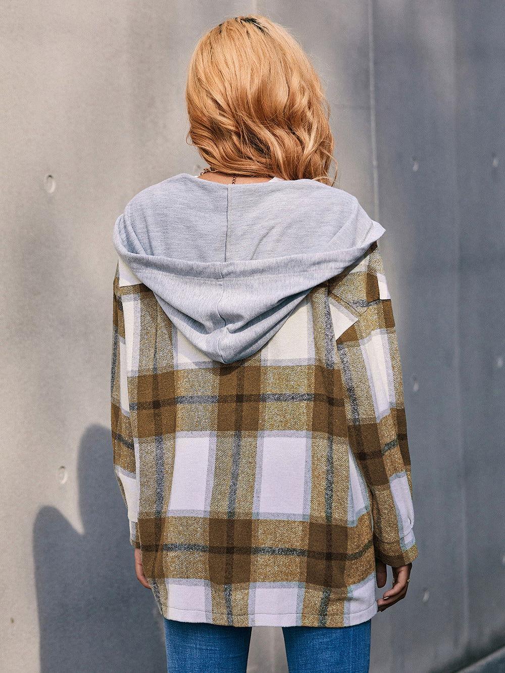 Ivy Lane Plaid Dropped Shoulder Hooded Jacket - Clothes For Her Online Store