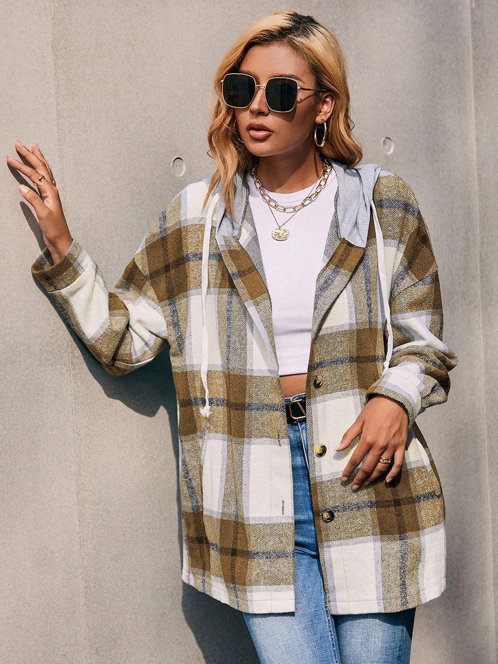 Ivy Lane Plaid Dropped Shoulder Hooded Jacket - Clothes For Her Online Store