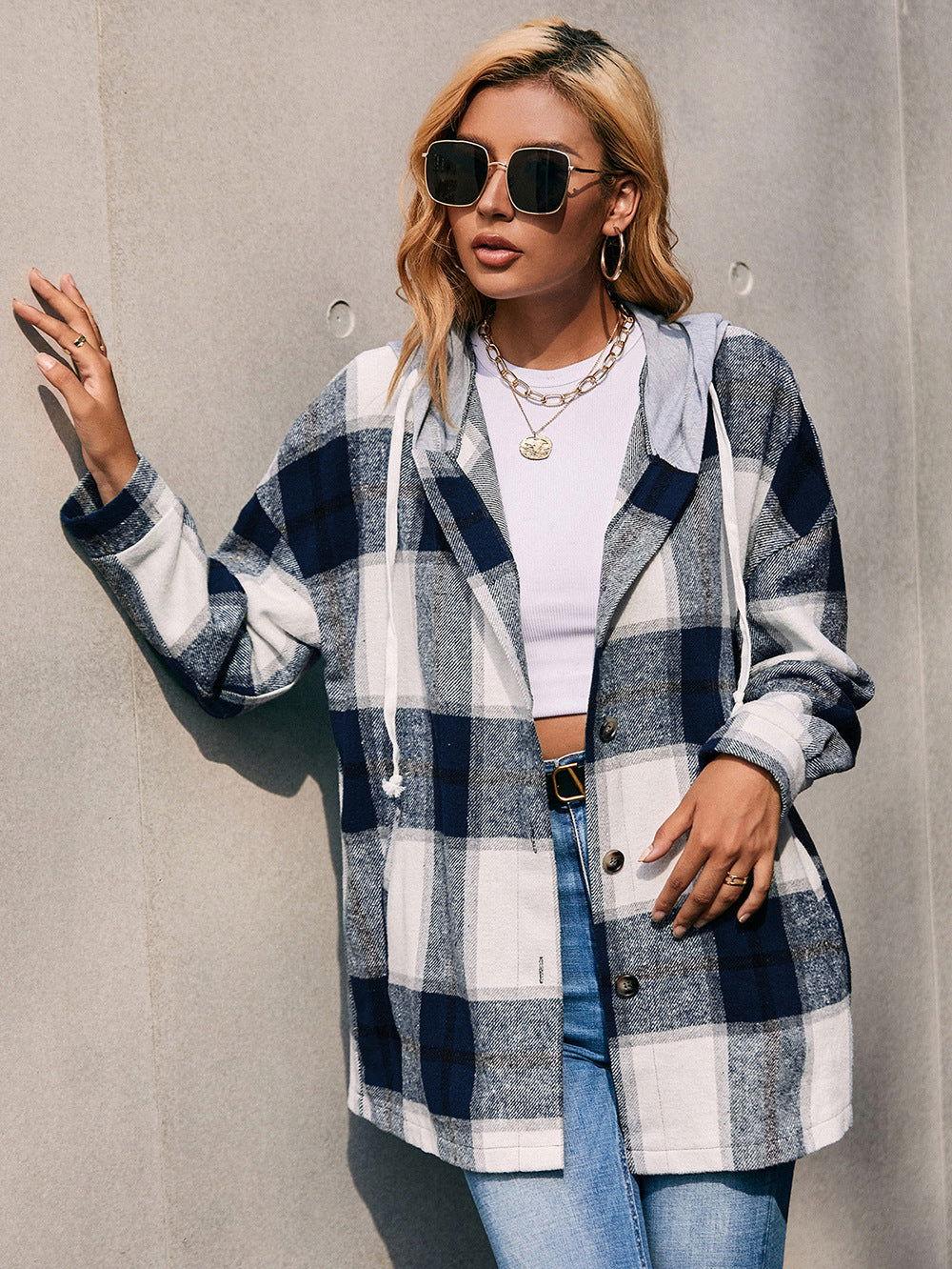 Ivy Lane Plaid Dropped Shoulder Hooded Jacket - Clothes For Her Online Store