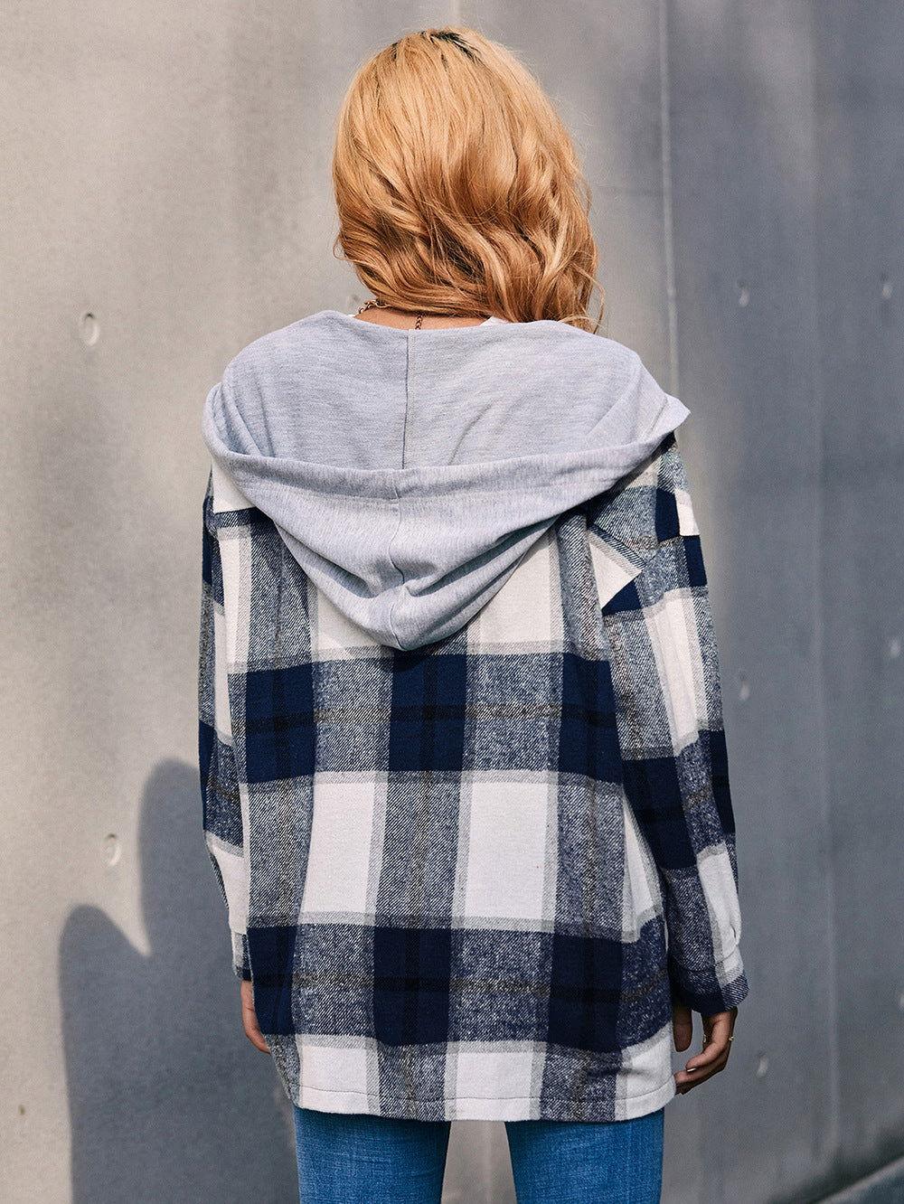 Ivy Lane Plaid Dropped Shoulder Hooded Jacket - Clothes For Her Online Store