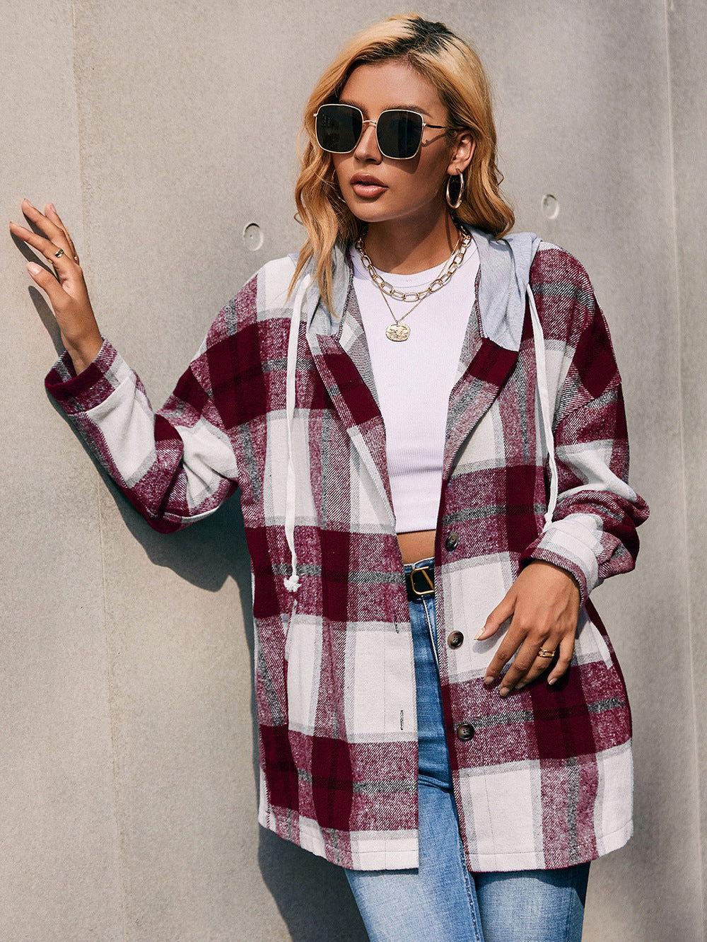 Ivy Lane Plaid Dropped Shoulder Hooded Jacket - Clothes For Her Online Store