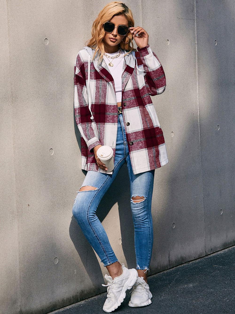 Ivy Lane Plaid Dropped Shoulder Hooded Jacket - Clothes For Her Online Store