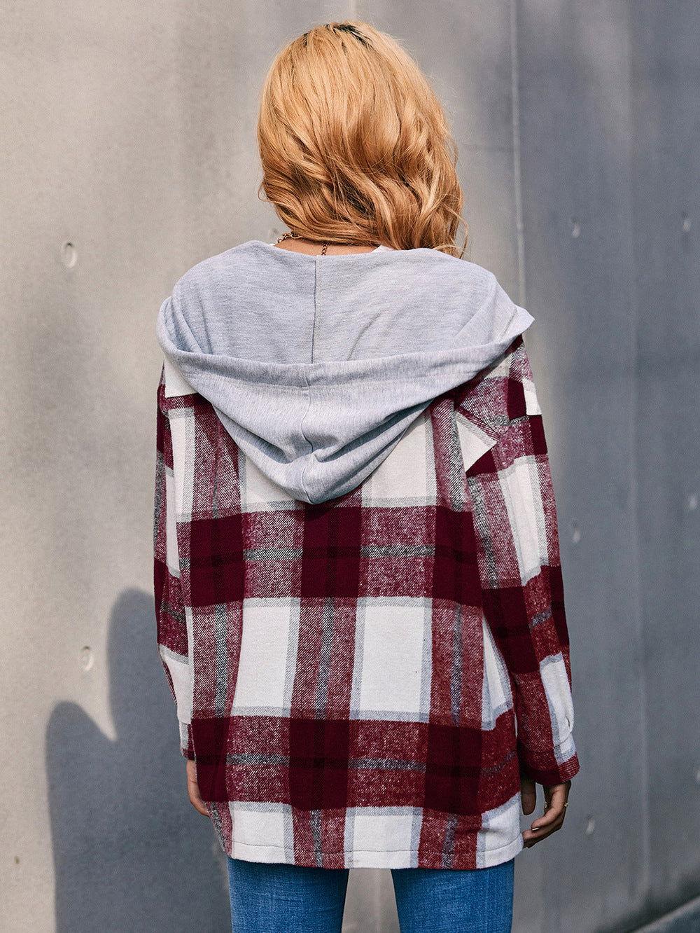Ivy Lane Plaid Dropped Shoulder Hooded Jacket - Clothes For Her Online Store