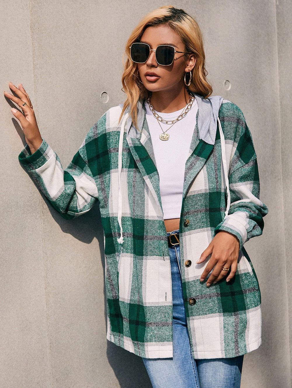 Ivy Lane Plaid Dropped Shoulder Hooded Jacket - Clothes For Her Online Store