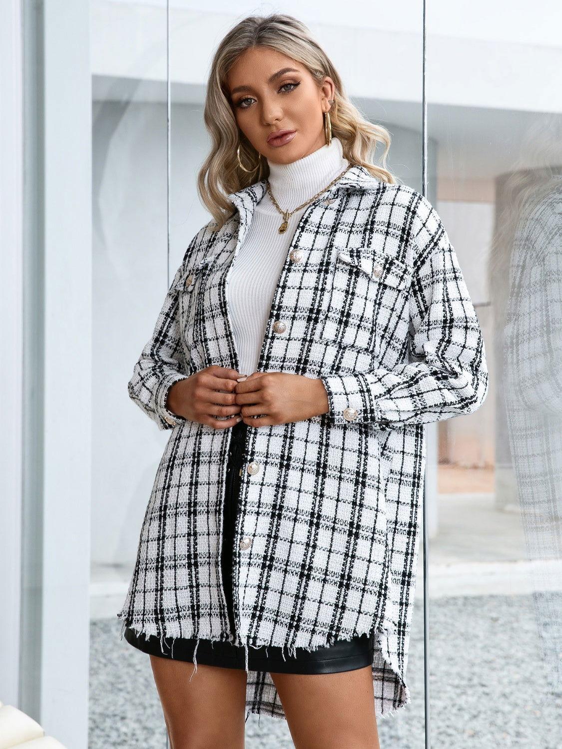 Ivy Lane Plaid Pocketed Button Up Dropped Shoulder Jacket - Clothes For Her Online Store