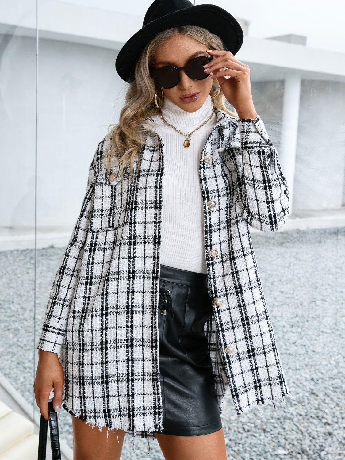 Ivy Lane Plaid Pocketed Button Up Dropped Shoulder Jacket - Clothes For Her Online Store