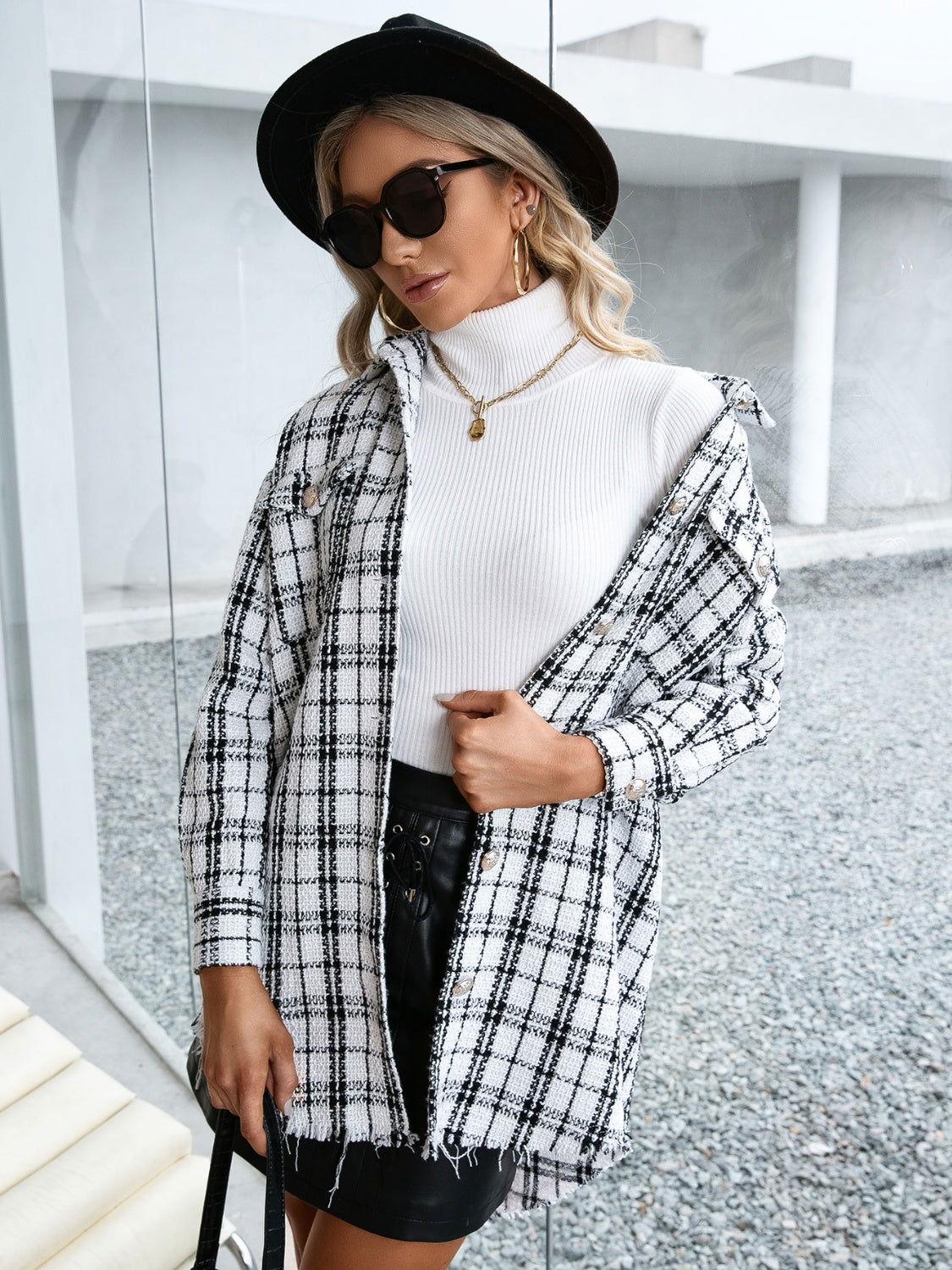 Ivy Lane Plaid Pocketed Button Up Dropped Shoulder Jacket - Clothes For Her Online Store