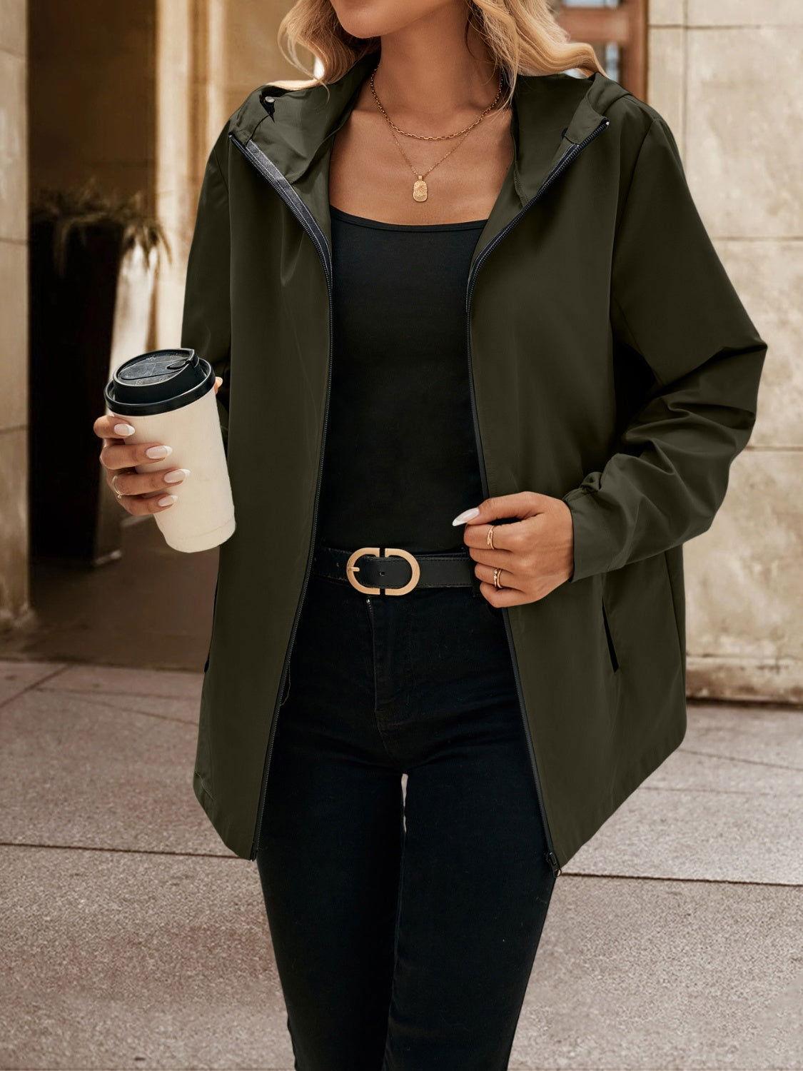 Ivy Lane Pocketed Zip Up Hooded Jacket - Clothes For Her Online Store