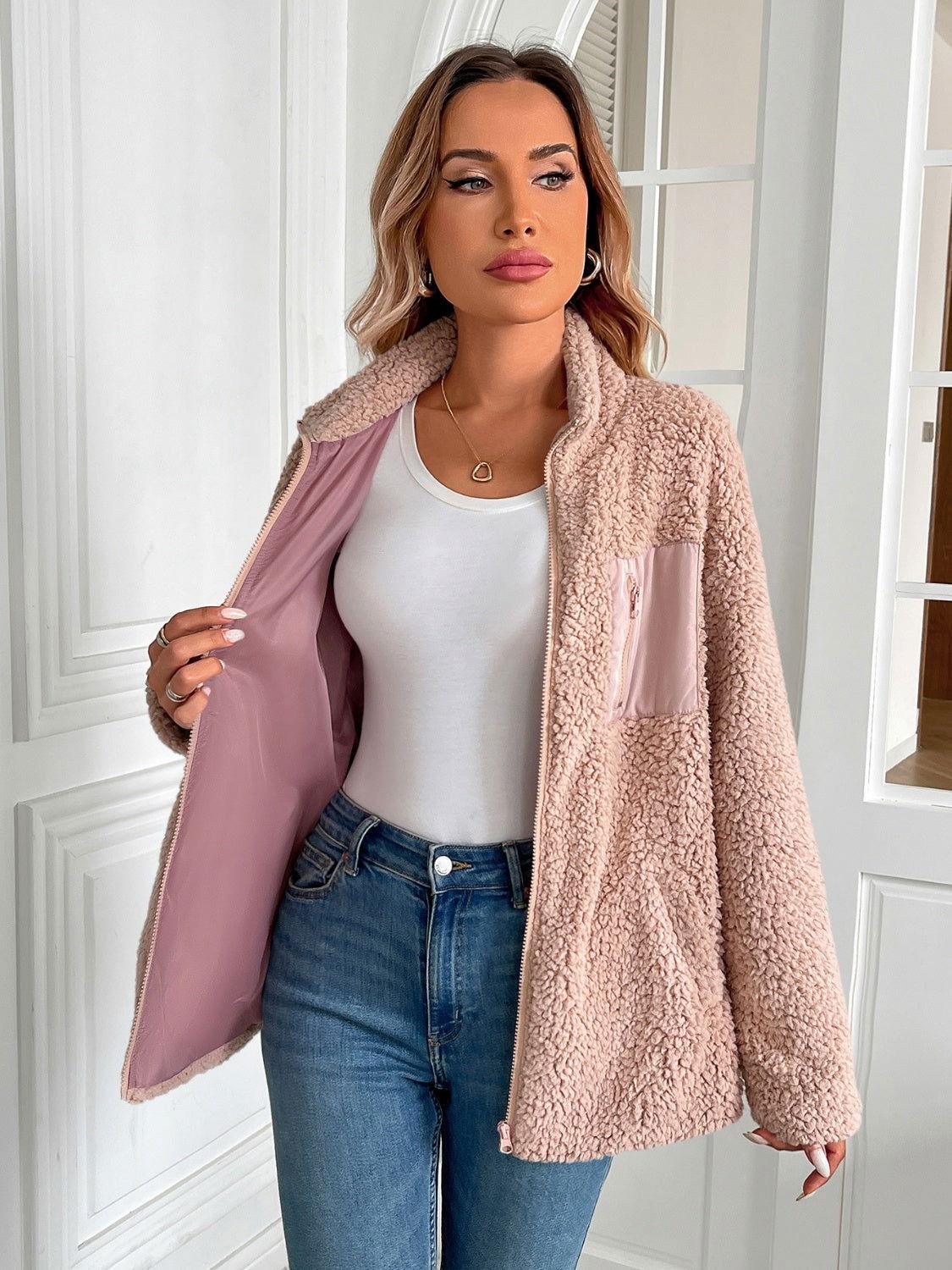 Ivy Lane Zip Up Long Sleeve Fuzzy Jacket - Clothes For Her Online Store