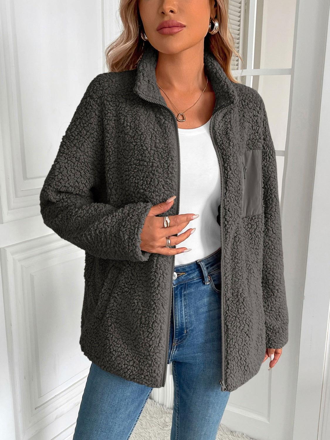 Ivy Lane Zip Up Long Sleeve Fuzzy Jacket - Clothes For Her Online Store