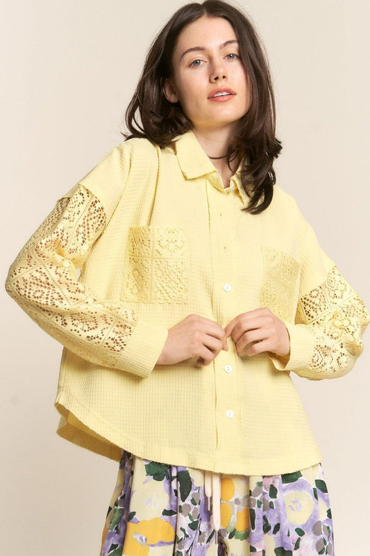J.NNA Button Down Lace Long Sleeve Waffle Shirt - Clothes For Her Online Store
