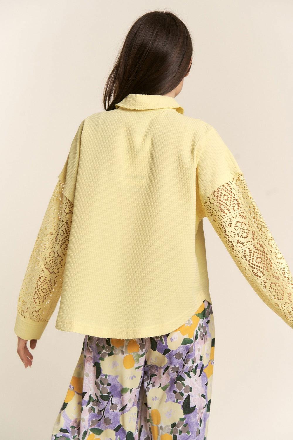 J.NNA Button Down Lace Long Sleeve Waffle Shirt - Clothes For Her Online Store