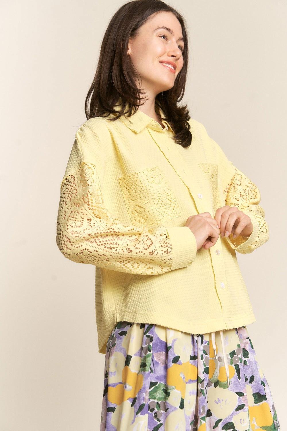 J.NNA Button Down Lace Long Sleeve Waffle Shirt - Clothes For Her Online Store