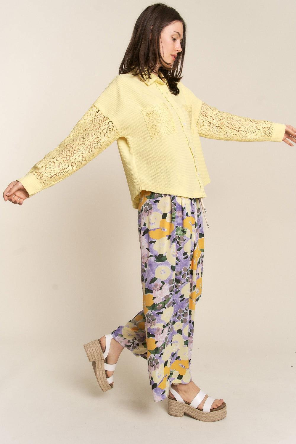 J.NNA Button Down Lace Long Sleeve Waffle Shirt - Clothes For Her Online Store