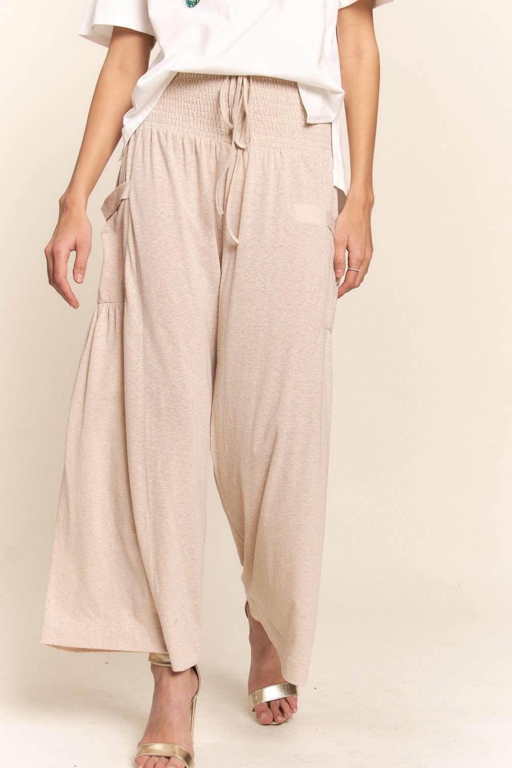 J.NNA Smocked Waist Boho Wide Leg Pants with Pockets - Clothes For Her Online Store
